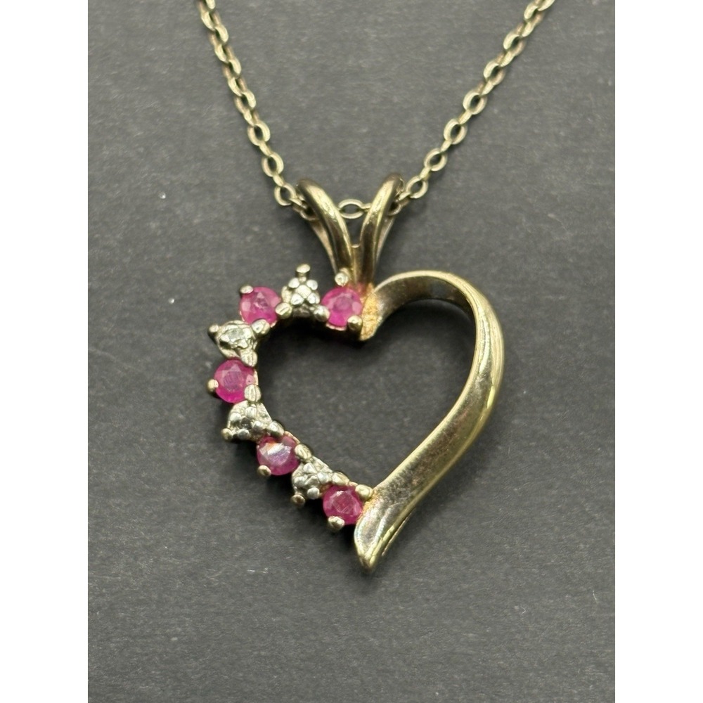 Vintage Gold Sterling Silver Genuine Ruby Heart Pendant Necklace 18" G2